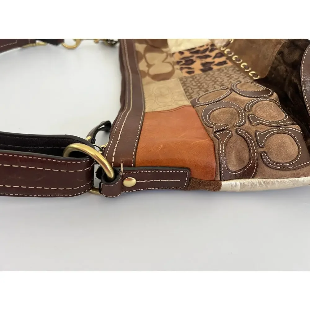 Vintage Coach F0893-F12842 Patchwork Jacquard Leopard Brown Leather Bag Y2K Boho - Picture 14 of 16